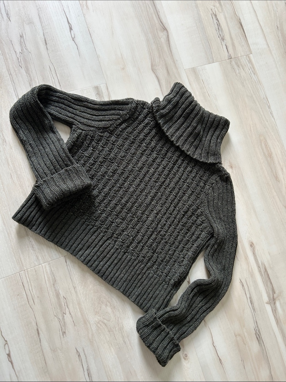 Free People Chunky Cable Turtleneck Sweater - Dark Olive Green Gray